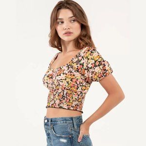 Billabong "Get Along" Floral Multicolor Puff Sleeve Smocked Crop Top Blouse S